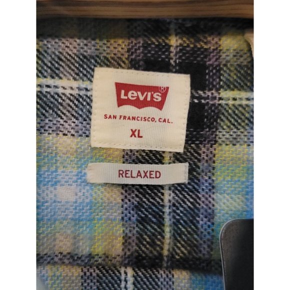 Levis Relaxed Fit Heavy Flannel Shirt XL Black‎ Green Yellow Plaid Long Sleeves - Picture 6 of 7
